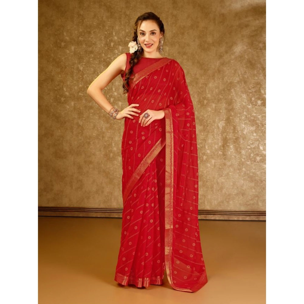 Shopper Beast Women's Zomto Bandhani Saree With Unstitched Blouse (Red, 5-6 Mtrs)