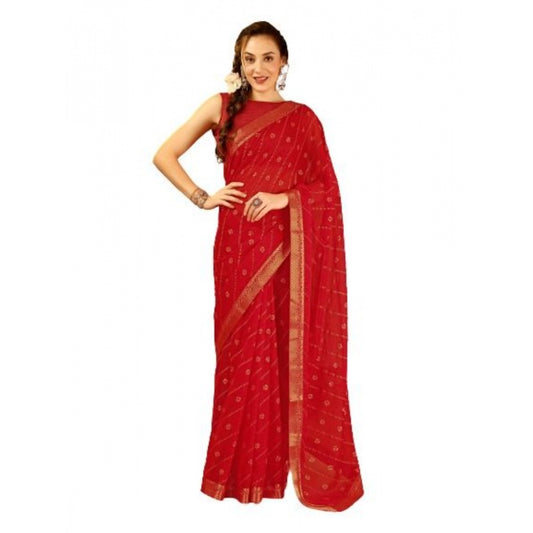 Shopper Beast Women's Zomto Bandhani Saree With Unstitched Blouse (Red, 5-6 Mtrs)