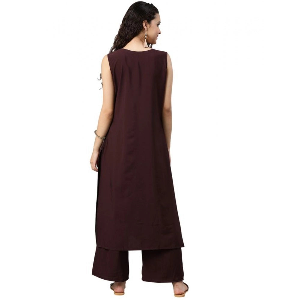 Shopper Beast Women's Casual sleeveless Solid Crepe Kurti And Palazzo Set (Brown)