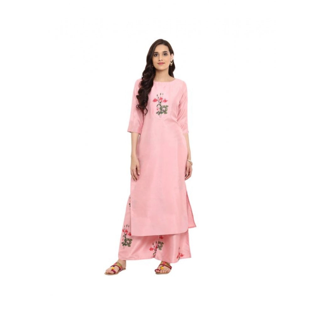 Shopper Beast Women's Casual 3-4Th Sleeve Floral Printed Poly Silk Kurti and Palazzo Set (Pink)