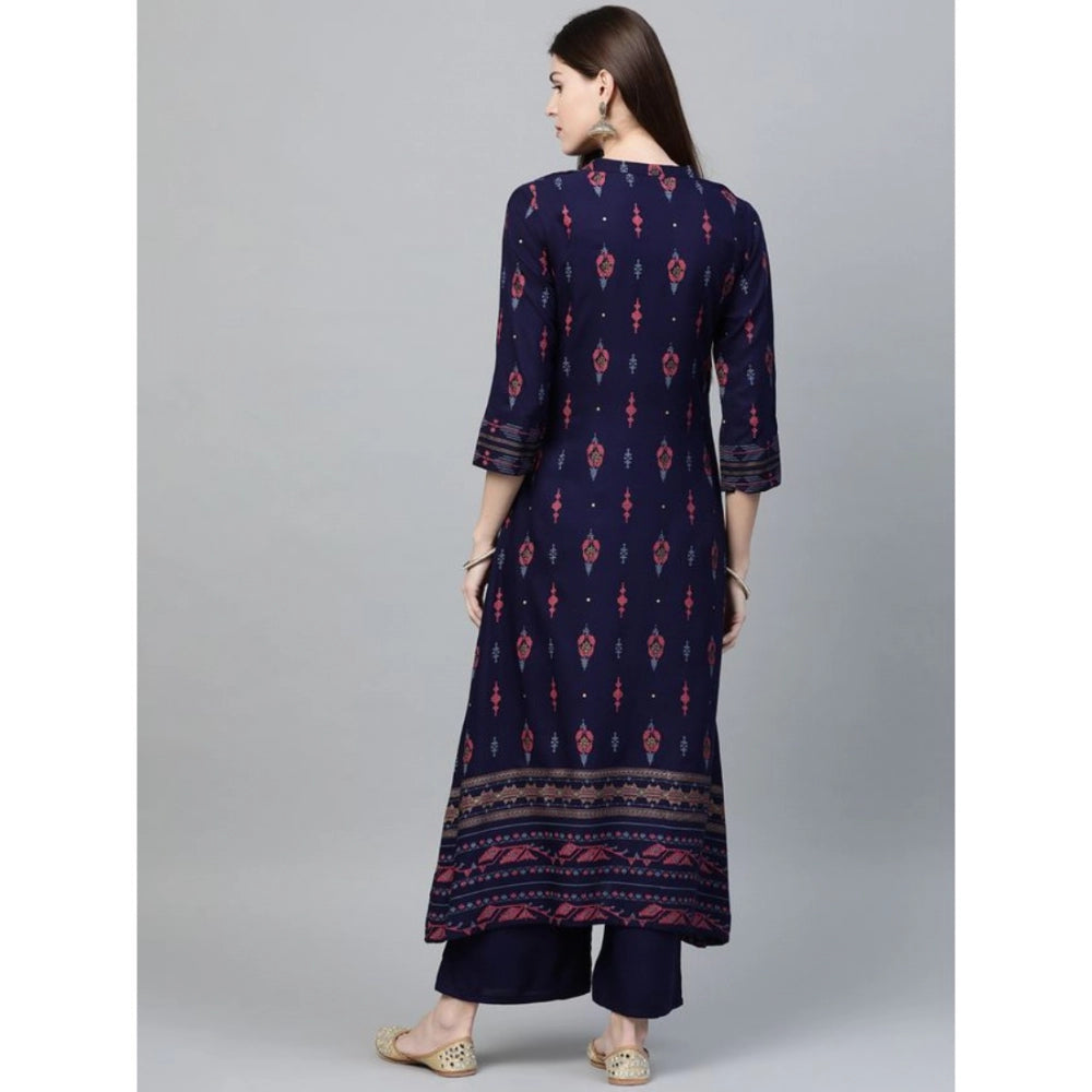 Shopper Beast Women's Casual 3-4Th Sleeve Ikkat Rayon Kurti and Palazzo Set (Navy Blue)