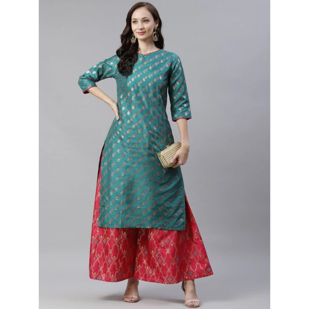 Shopper Beast Women's Casual 3-4Th Sleeve Ethnic Motifs Poly Silk Kurti And Palazzo Set (Green)