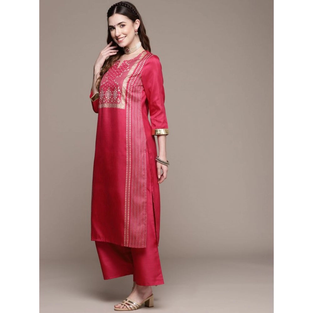 Shopper Beast Women's Casual 3-4Th Sleeve Ethnic Motifs Poly Silk Kurti And Palazzo Set (Pink)