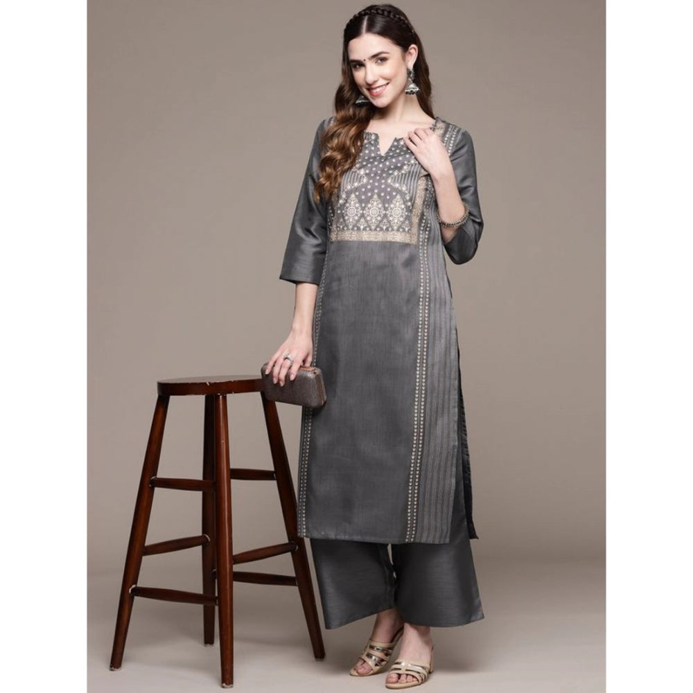 Shopper Beast Women's Casual 3-4Th Sleeve Ethnic Motifs Poly Silk Kurti And Palazzo Set (Dark Grey)