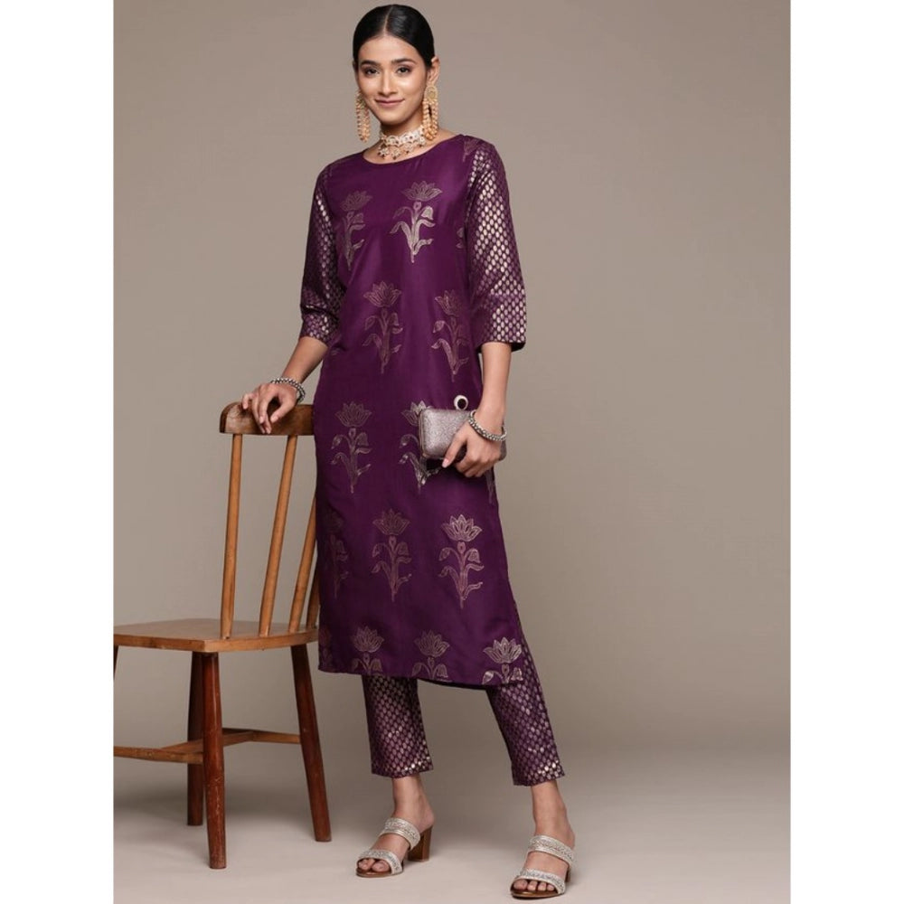 Shopper Beast Women's Casual 3-4Th Sleeve Floral Printed Chinon Kurti and Pant Set (Purple)