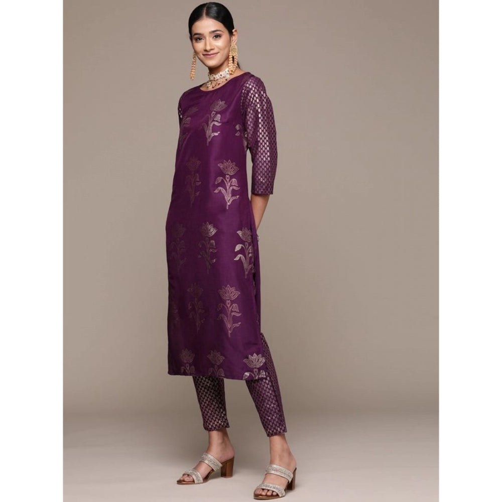 Shopper Beast Women's Casual 3-4Th Sleeve Floral Printed Chinon Kurti and Pant Set (Purple)