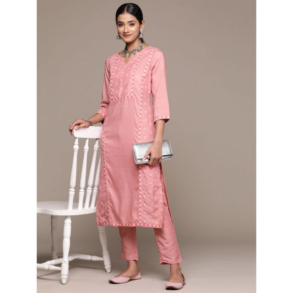 Shopper Beast Women's Casual 3-4Th Sleeve Floral Printed Chinon Kurti and Pant Set (Peach)