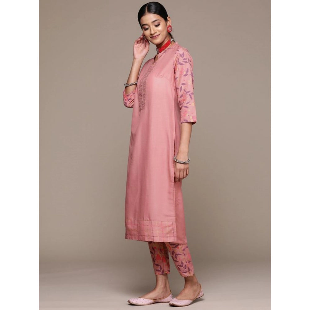 Shopper Beast Women's Casual 3-4Th Sleeve Geometric Chinon Kurti and Pant Set (Peach)