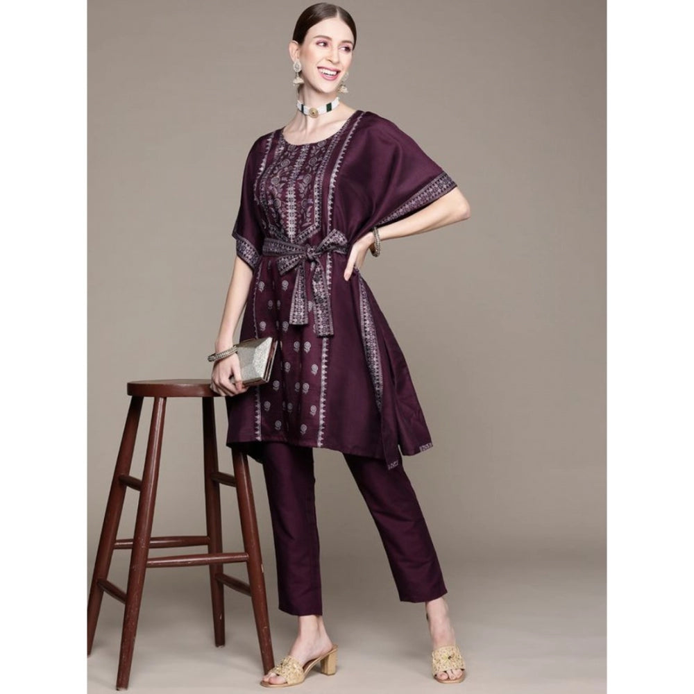 Shopper Beast Women's Casual 3-4Th Sleeve Floral Printed Chinon Kurti And Pant Set (Wine)