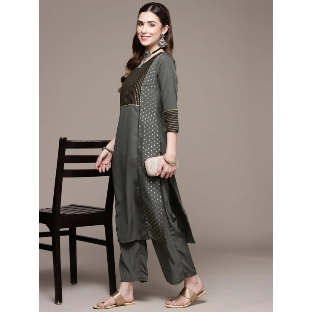 Shopper Beast Women's Casual 3-4Th Sleeve Stripes Crepe Kurti and Pant Set (Dark Grey)