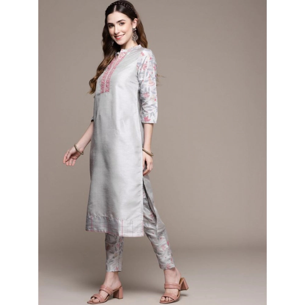 Shopper Beast Women's Casual 3-4Th Sleeve Solid Poly Silk Kurti and Pant Set (Light Grey)