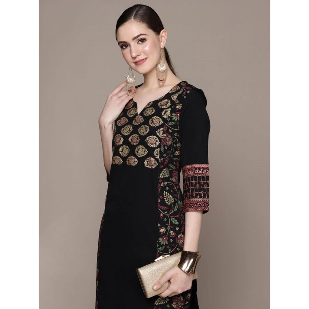 Shopper Beast Women's Casual 3-4Th Sleeve Ethnic Motifs Crepe Kurti And Pant Set (Black)