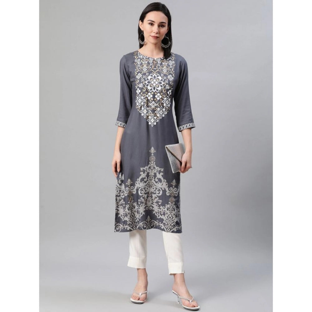 Shopper Beast Women's Casual 3-4Th Sleeve Floral Printed Rayon Kurti And Pant Set (Grey)