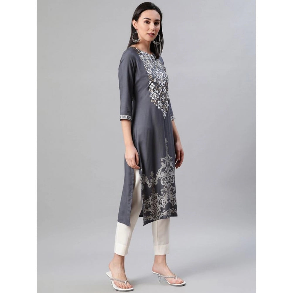 Shopper Beast Women's Casual 3-4Th Sleeve Floral Printed Rayon Kurti And Pant Set (Grey)