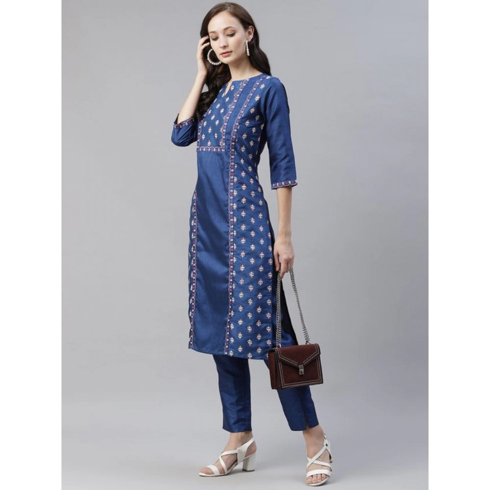 Shopper Beast Women's Casual 3-4Th Sleeve Floral Printed Poly Silk Kurti And Pant Set (Blue)