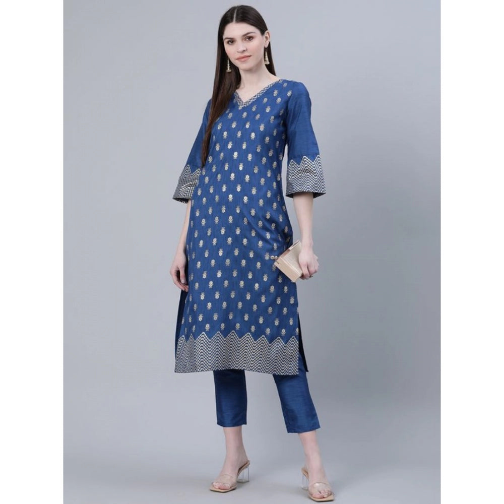 Shopper Beast Women's Casual 3-4Th Sleeve Floral Printed Poly Silk Kurti And Pant Set (Blue)