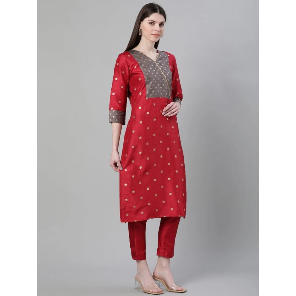 Shopper Beast Women's Casual 3-4Th Sleeve Ethnic Motifs Poly Silk Kurti And Pant Set (Red)