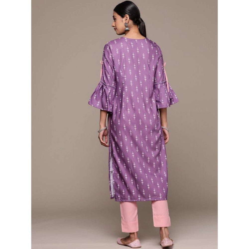 Shopper Beast Women's Casual 3-4Th Sleeve Ethnic Motifs Rayon Kurti And Pant Set (Lavender)