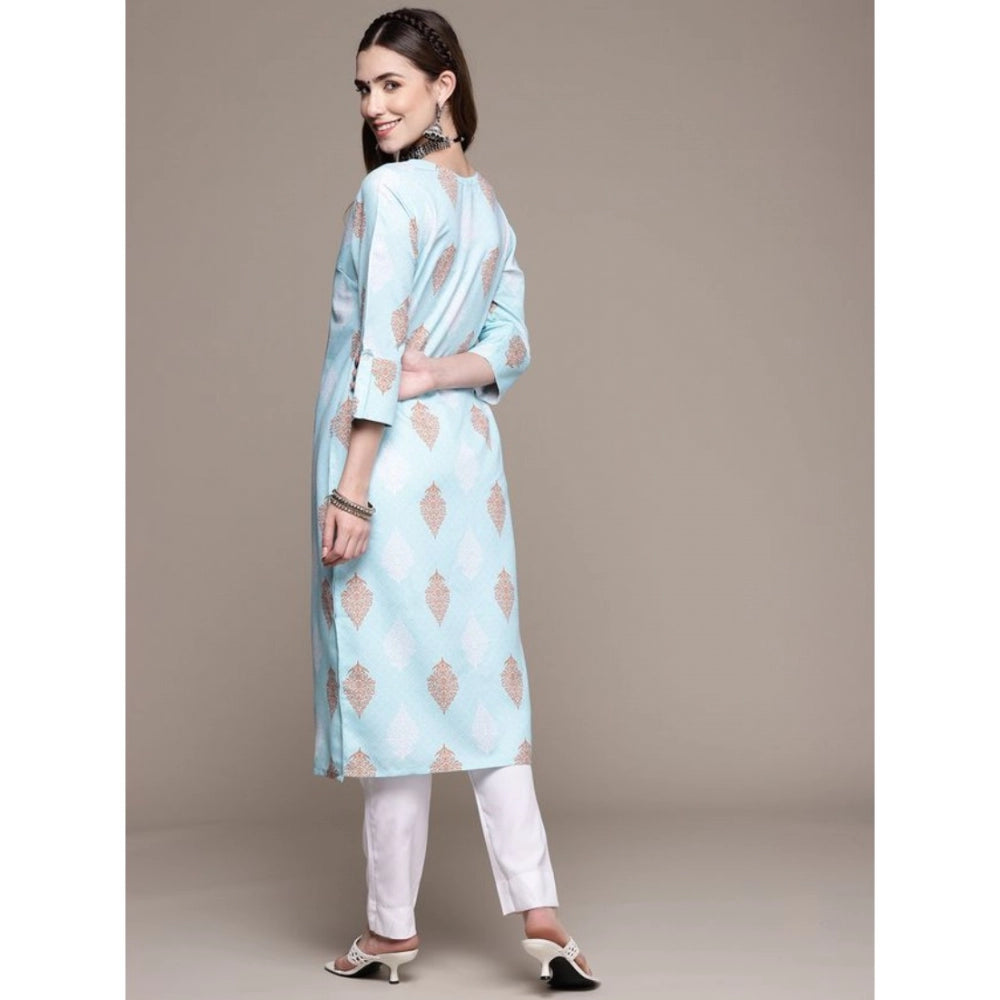 Shopper Beast Women's Casual 3-4Th Sleeve Ethnic Motifs Rayon Kurti And Pant Set (Sky Blue)