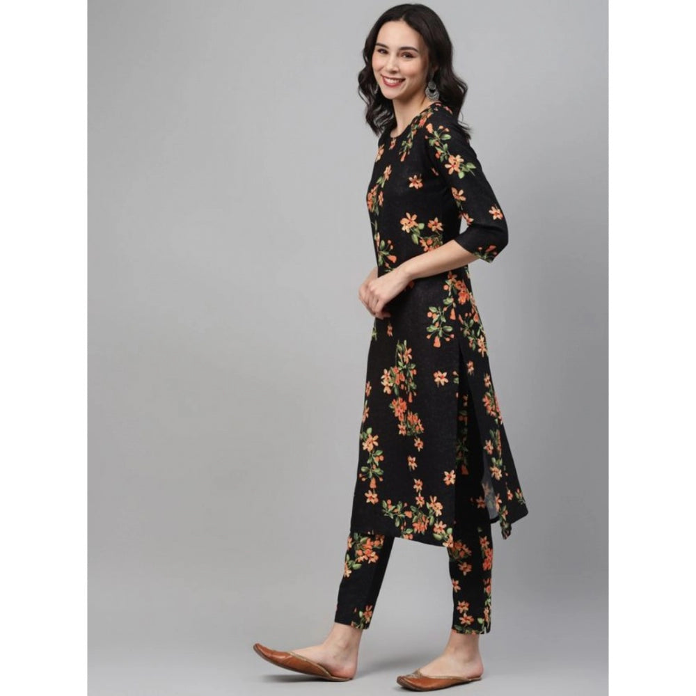 Shopper Beast Women's Casual 3-4Th Sleeve Floral Printed Rayon Kurti And Pant Set (Black)