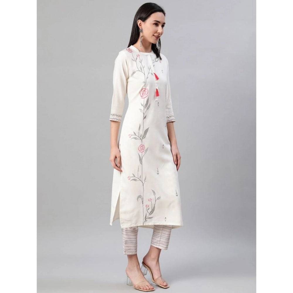 Shopper Beast Women's Casual 3-4Th Sleeve Floral Printed Rayon Kurti And Pant Set (Cream)