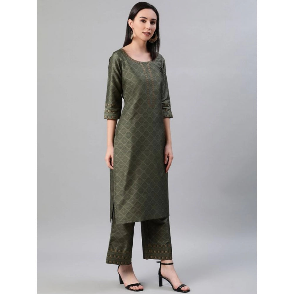 Shopper Beast Women's Casual 3-4Th Sleeve Ethnic Motifs Poly Silk KurtiPalazzo And Dupatta Set (Green)