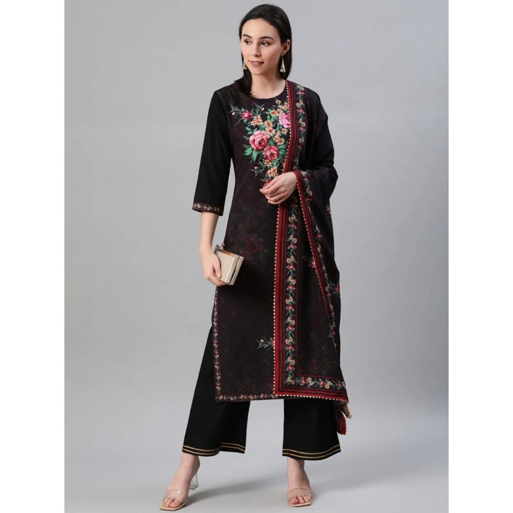 Shopper Beast Women's Casual 3-4Th Sleeve Floral Printed Crepe KurtiPalazzo And Dupatta Set (Black)