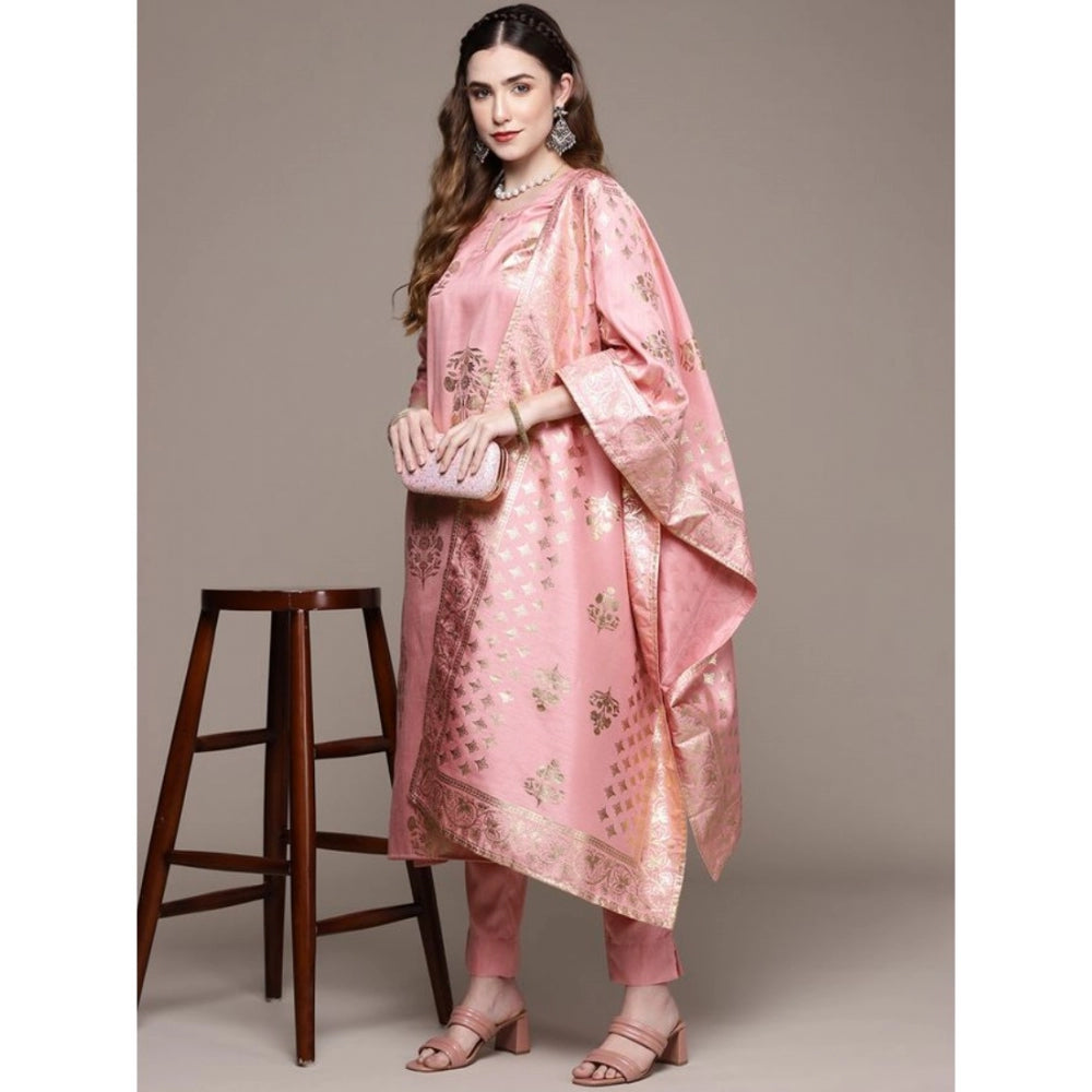 Shopper Beast Women's Casual 3-4Th Sleeve Floral Printed Poly Silk Kurti Pant And Dupatta Set (Light Pink)