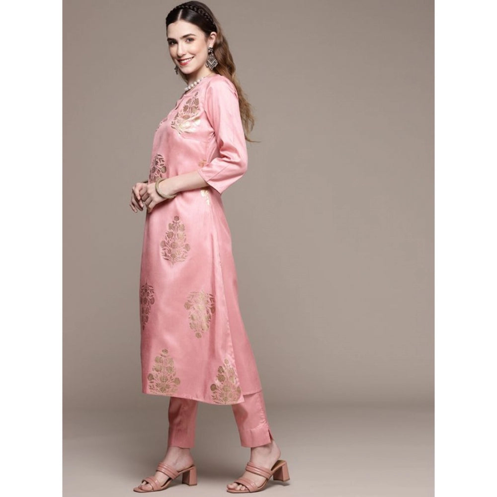 Shopper Beast Women's Casual 3-4Th Sleeve Floral Printed Poly Silk Kurti Pant And Dupatta Set (Light Pink)