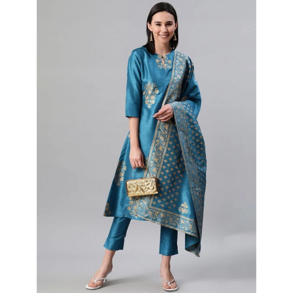 Shopper Beast Women's Casual 3-4Th Sleeve Ethnic Motifs Poly Silk Kurti Pant And Dupatta Set (Blue)