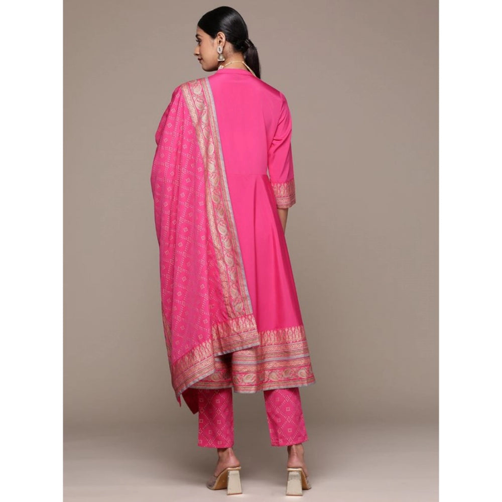 Shopper Beast Women's Casual 3-4Th Sleeve Ethnic Motifs Crepe Kurti Pant And Dupatta Set (Pink)