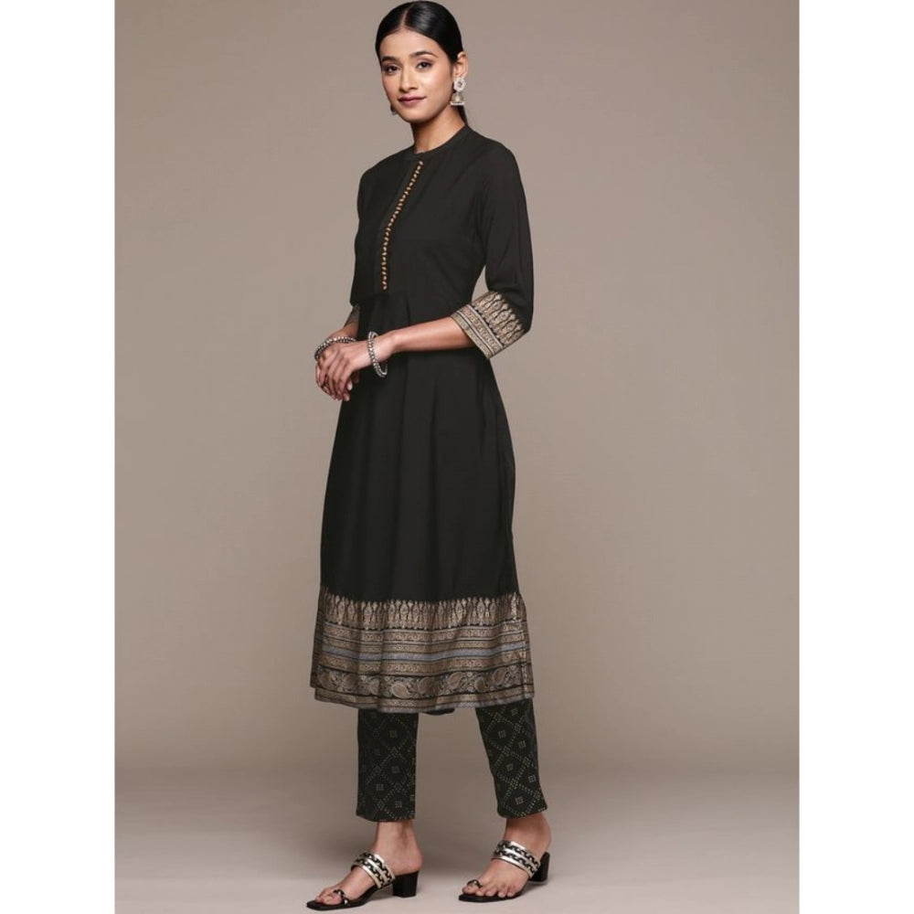 Shopper Beast Women's Casual 3-4Th Sleeve Ethnic Motifs Crepe Kurti Pant And Dupatta Set (Black)