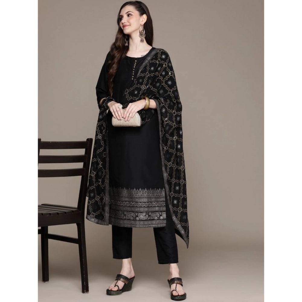 Shopper Beast Women's Casual 3-4Th Sleeve Border Crepe Kurti Pant And Dupatta Set (Black)