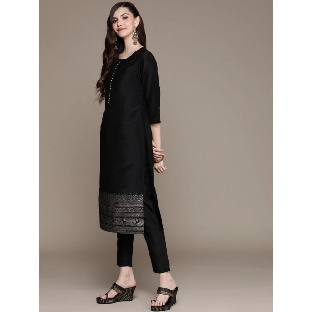 Shopper Beast Women's Casual 3-4Th Sleeve Border Crepe Kurti Pant And Dupatta Set (Black)