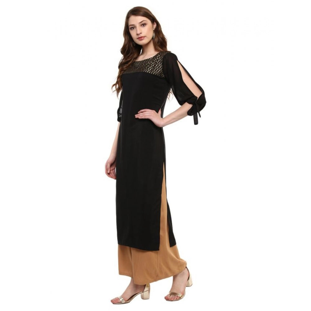 Shopper Beast Women's Casual 3-4Th Sleeve Solid Crepe Kurti (Black)