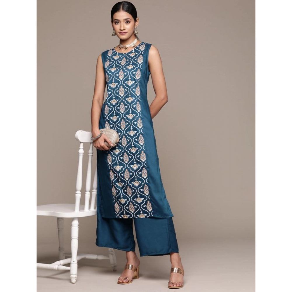 Shopper Beast Women's Casual Sleeveless Floral Printed Chinon Kurti and Palazzo Set (Teal Blue)