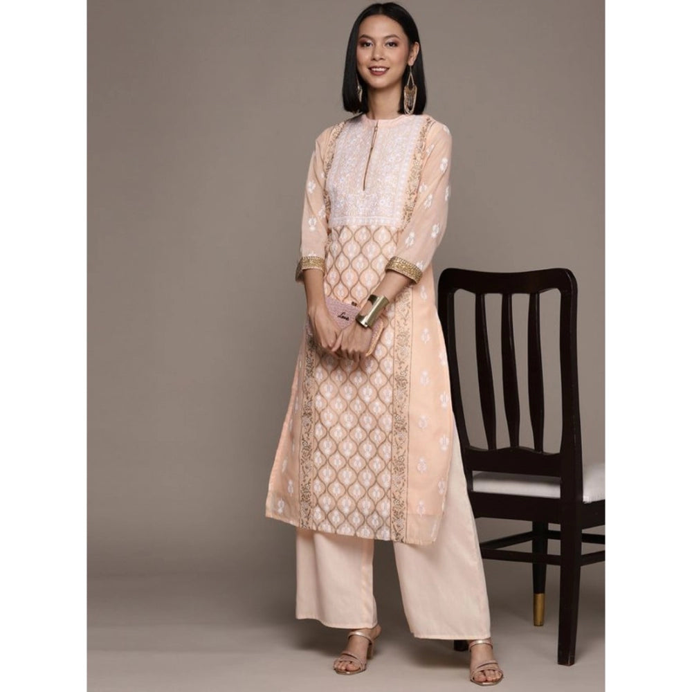 Shopper Beast Women's Casual 3-4Th Sleeve Floral Printed Chanderi Cotton Kurti And Palazzo Set (Peach)