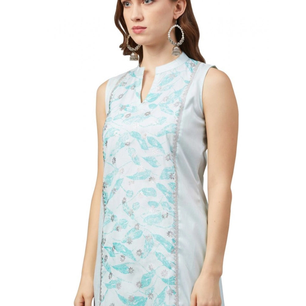 Shopper Beast Women's Casual Sleeveless Abstract Poly Silk Kurti And Palazzo Set (Off White)