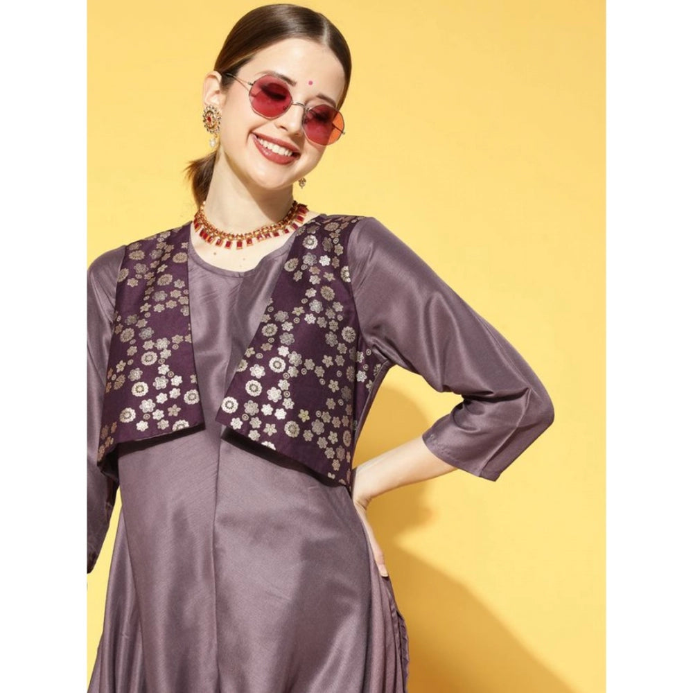 Shopper Beast Women's Casual 3-4Th Sleeve Solid Chinon Kurti And Pant Set (Purple)