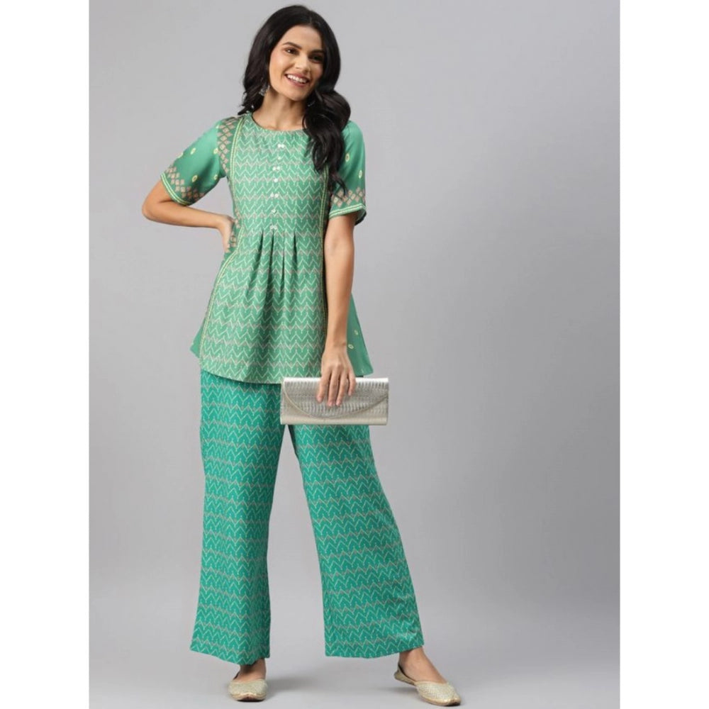 Shopper Beast Women's Casual Half Sleeve Geometric Rayon Kurti And Palazzo Set (Green)