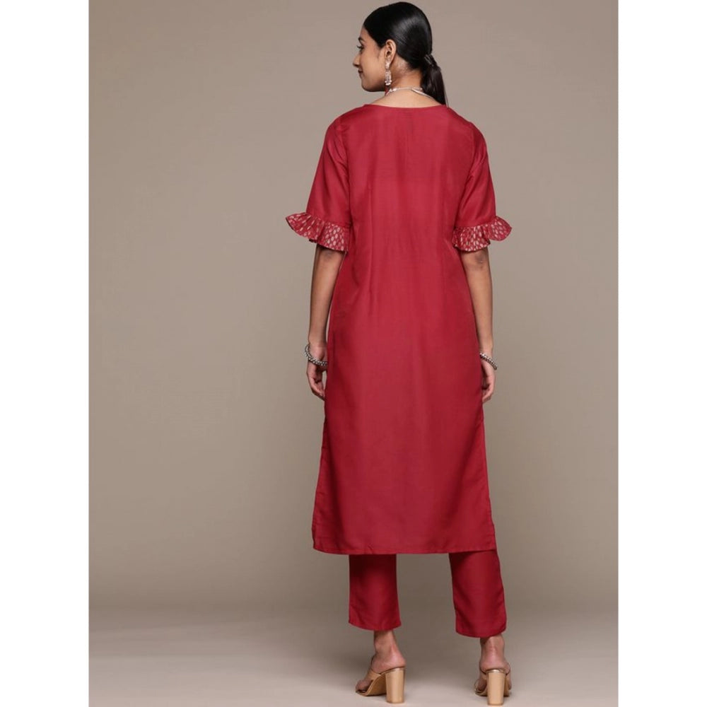 Shopper Beast Women's Casual Half Sleeve Solid Chinon Kurti and Pant Set (Maroon)