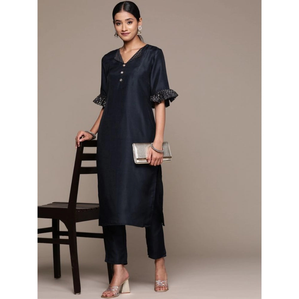 Shopper Beast Women's Casual Half Sleeve Solid Chinon Kurti and Pant Set (Navy Blue)