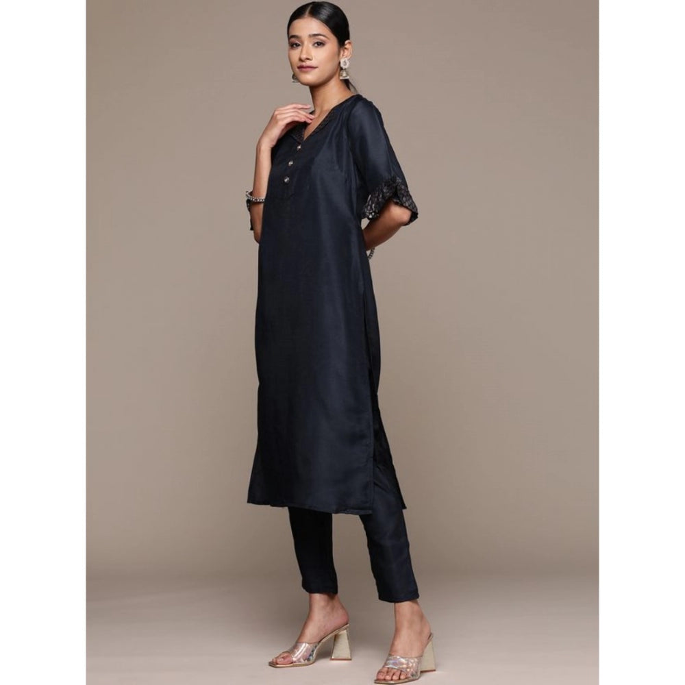 Shopper Beast Women's Casual Half Sleeve Solid Chinon Kurti and Pant Set (Navy Blue)