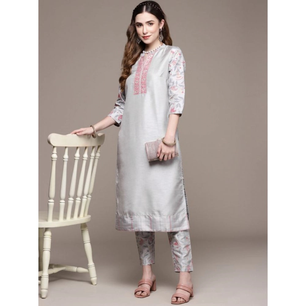 Shopper Beast Women's Casual 3-4Th Sleeve Solid Poly Silk Kurti and Pant Set (Light Grey)