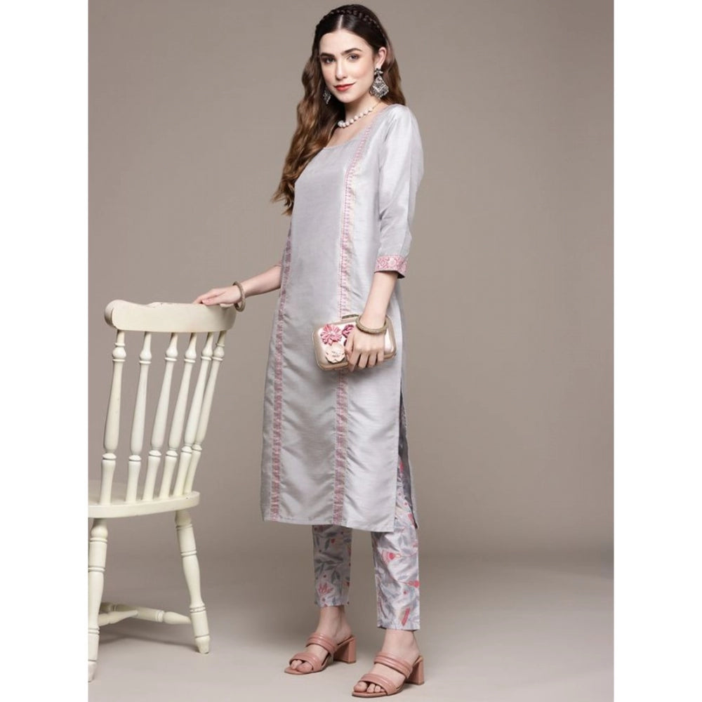 Shopper Beast Women's Casual 3-4Th Sleeve Geometric Poly Silk Kurti and Pant Set (Light Grey)