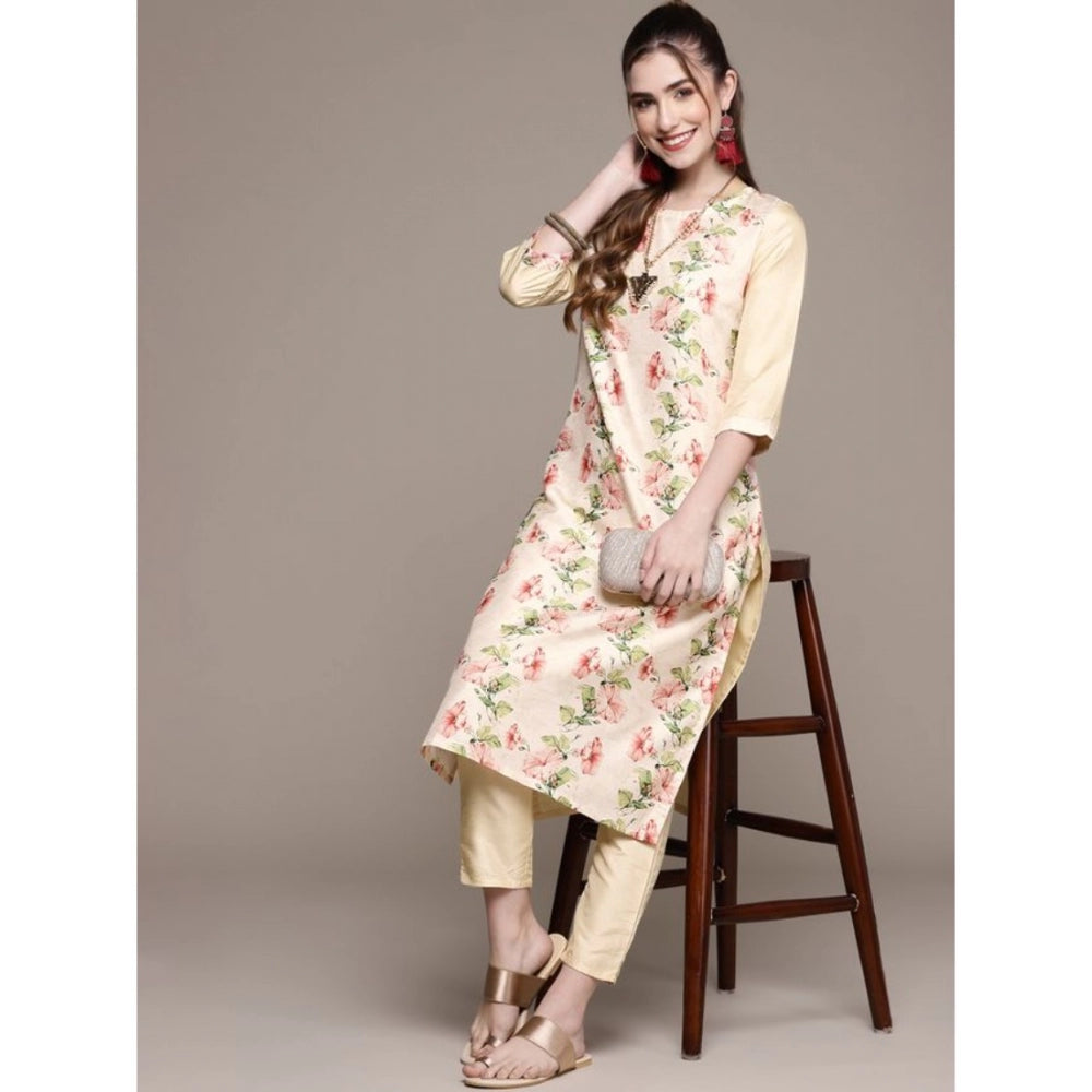 Shopper Beast Women's Casual 3-4Th Sleeve Floral Printed Poly Silk Kurti and Pant Set (Cream)