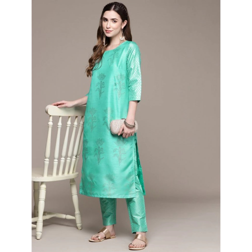 Shopper Beast Women's Casual 3-4Th Sleeve Floral Printed Poly Silk Kurti and Pant Set (Sea Green)