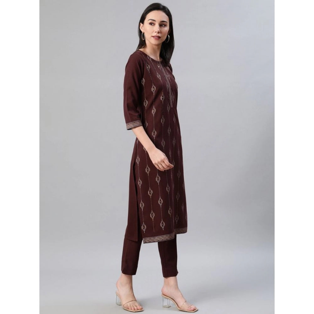 Shopper Beast Women's Casual 3-4Th Sleeve Ethnic Motifs Rayon Kurti And Pant Set (Brown)