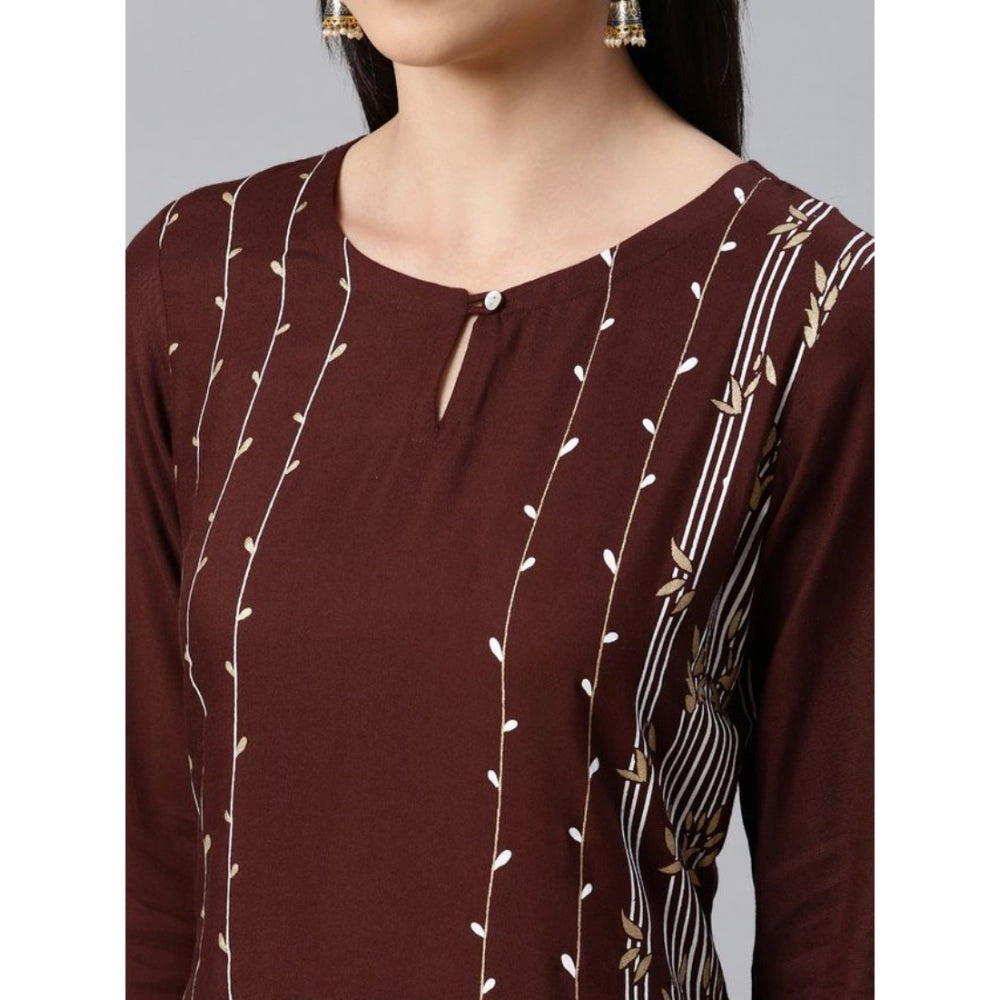 Shopper Beast Women's Casual 3-4Th Sleeve Ethnic Motifs Rayon Kurti And Pant Set (Brown)