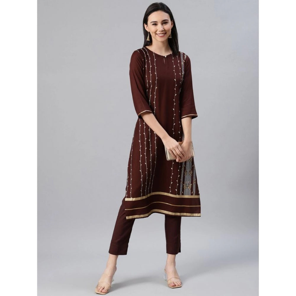 Shopper Beast Women's Casual 3-4Th Sleeve Ethnic Motifs Rayon Kurti And Pant Set (Brown)